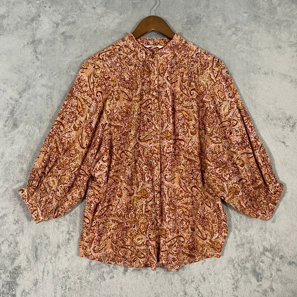FatFace Blouse Sz S Pink Paisley Floral Button Front 3/4 Balloon Sleeve Cotton